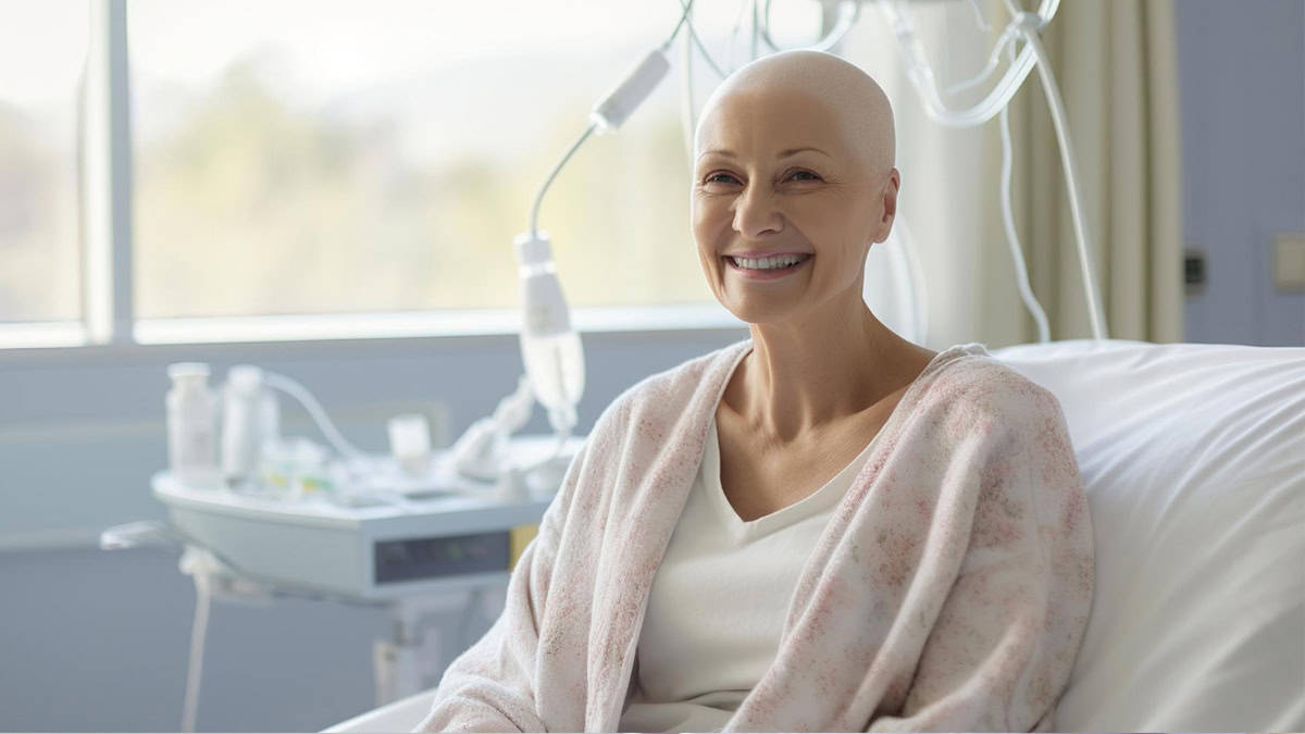 Female cancer patient in hospital bed smiling