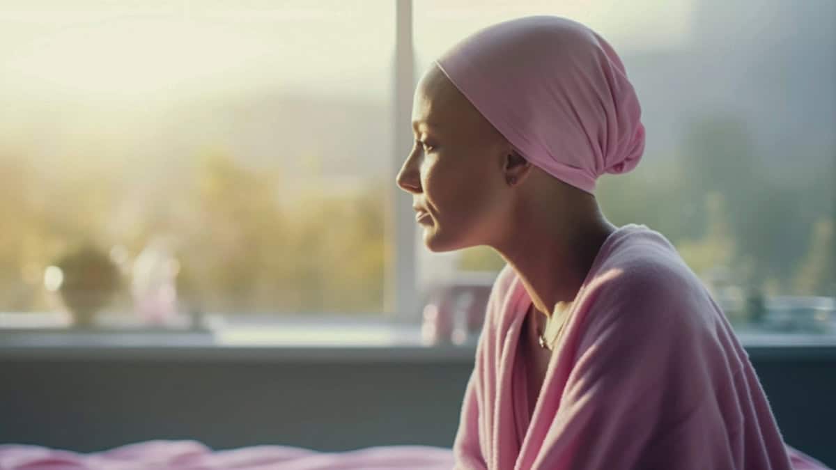 A women suffering from cancer looking out through window