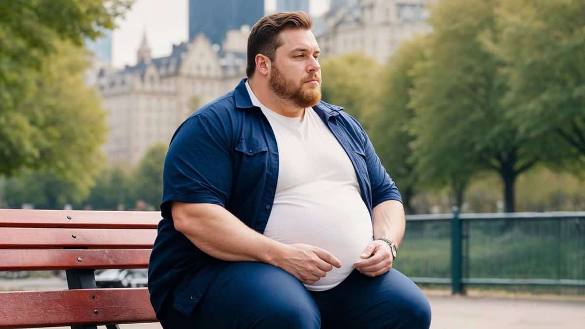 Overweight young male sitting on a park bench