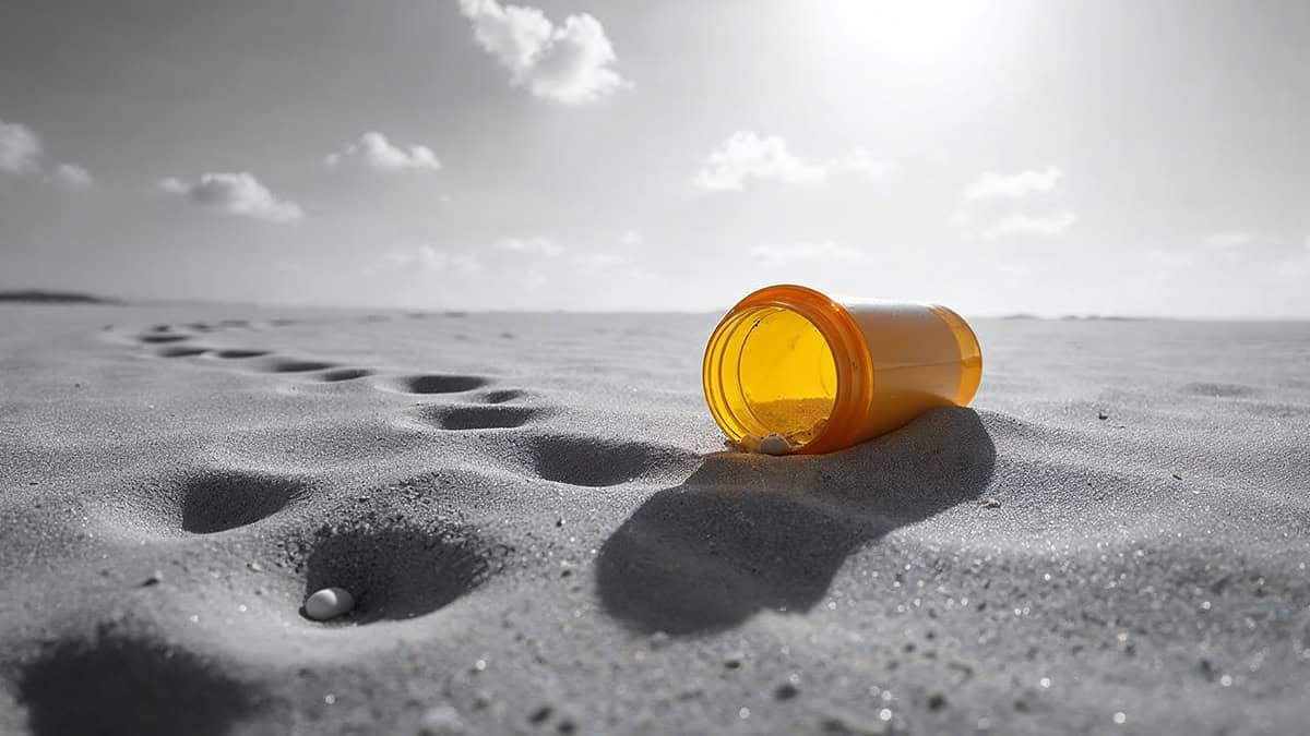 Empty pill bottle lying in sand